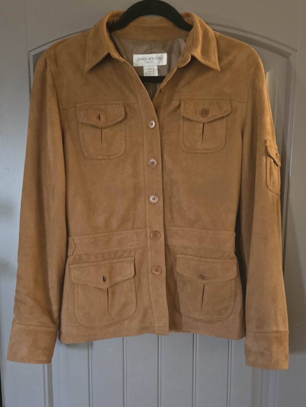 Jones New York Sport, shapely faux suede Field Safari Jacket, pockets, Waist Tab